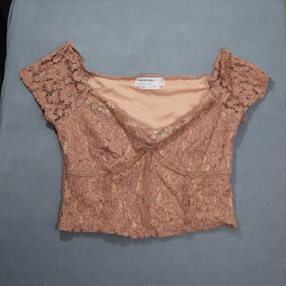 Urban Renewal Coquette Lace Crop Top Pink Copper Floral V-Neck Cap Sleeve M